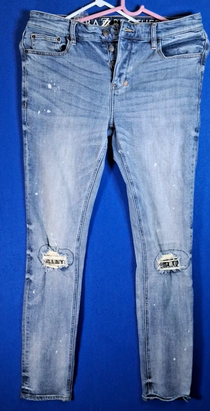 Shabaz Brothers Mens Skinny Jeans 34 Distressed Ripped Paint Splatter Blue Denim